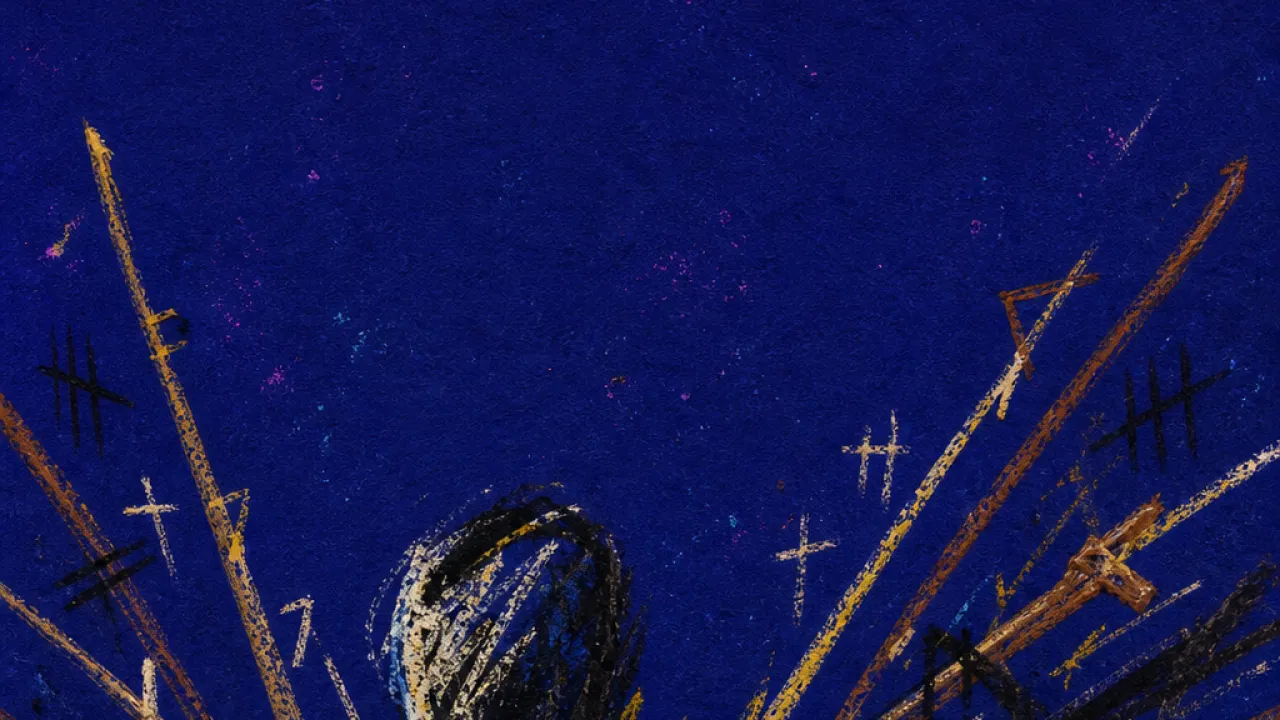 A solitary figure with braced shoulders surrounded by raised wands and score lines crowding the shared space