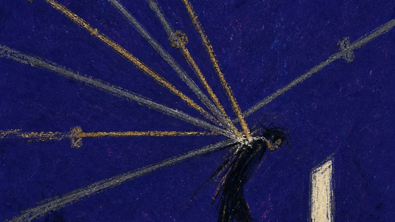 Raised wands closing in A solitary figure braced on an uneven office floor as raised wands cross overhead and press a thin mark into one shoulder