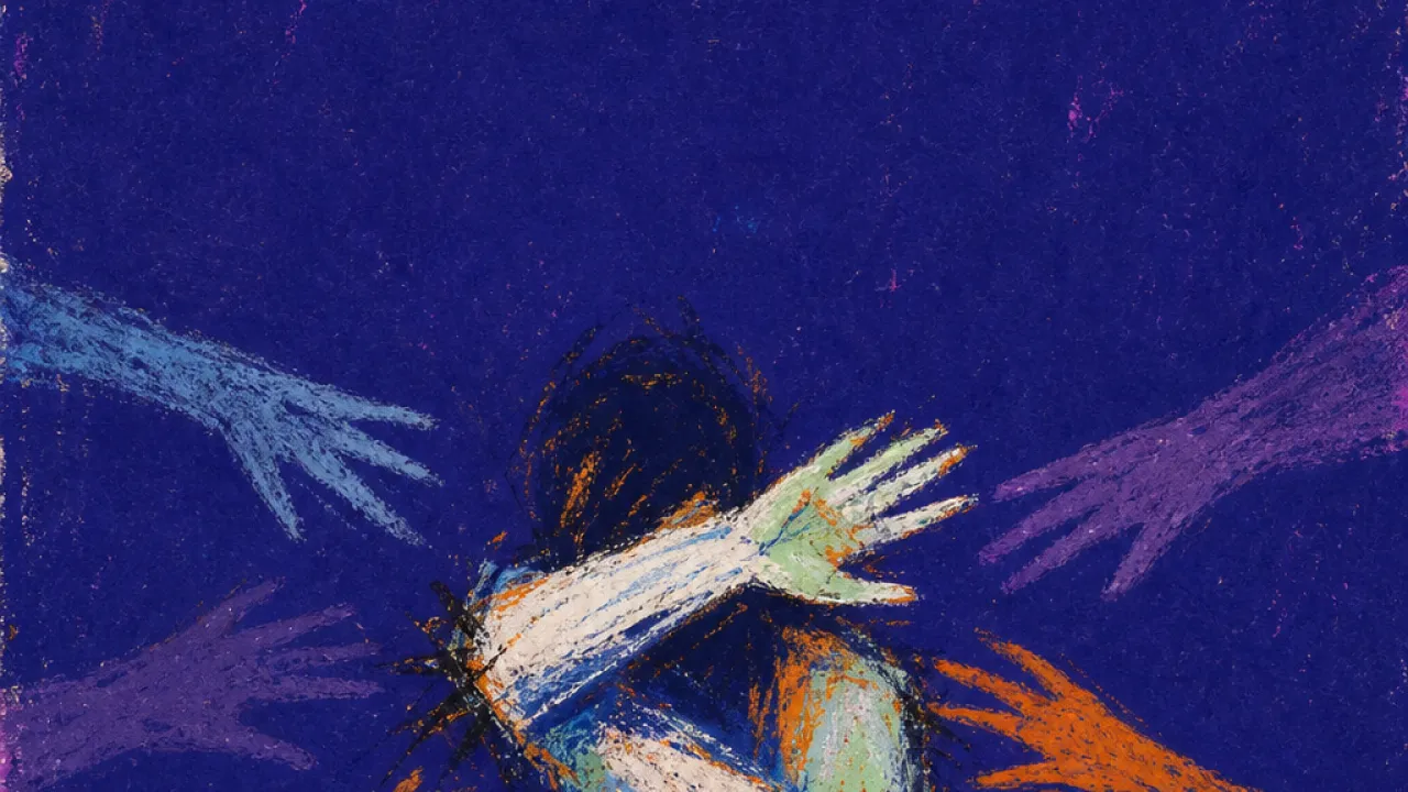A solitary figure braces behind a raised arm as angled hands and meeting-room shadows press into their space