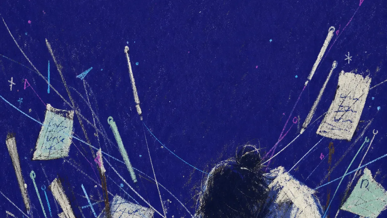 A bent figure at a desk as raised wands, loose pages, and message threads push unfinished work toward their shoulders