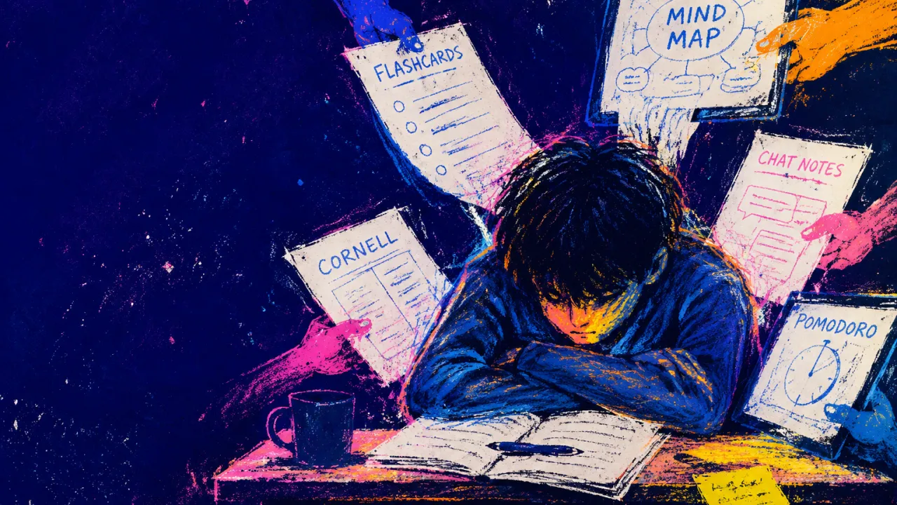 A hunched figure at a desk as hands from screens, notes, and chat windows push clashing papers into the same space