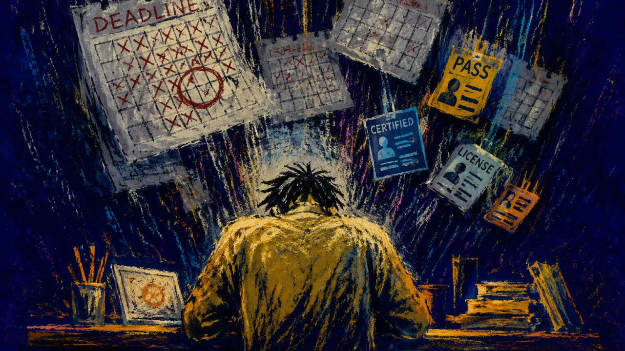 A seated figure with lowered shoulders as calendar sheets and credential tiles settle above a workbench covered in tools