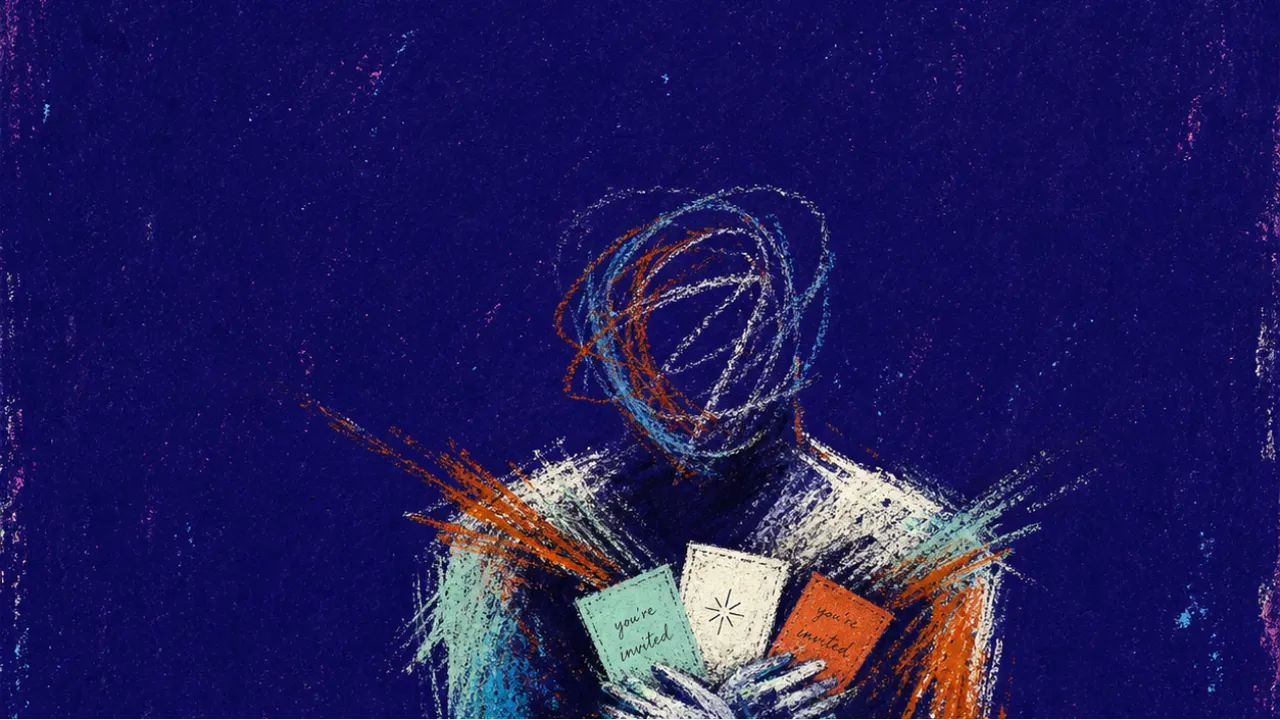 A solitary figure with shoulders drawn in, crossed hands and glowing invitations pressing the space into narrow lanes