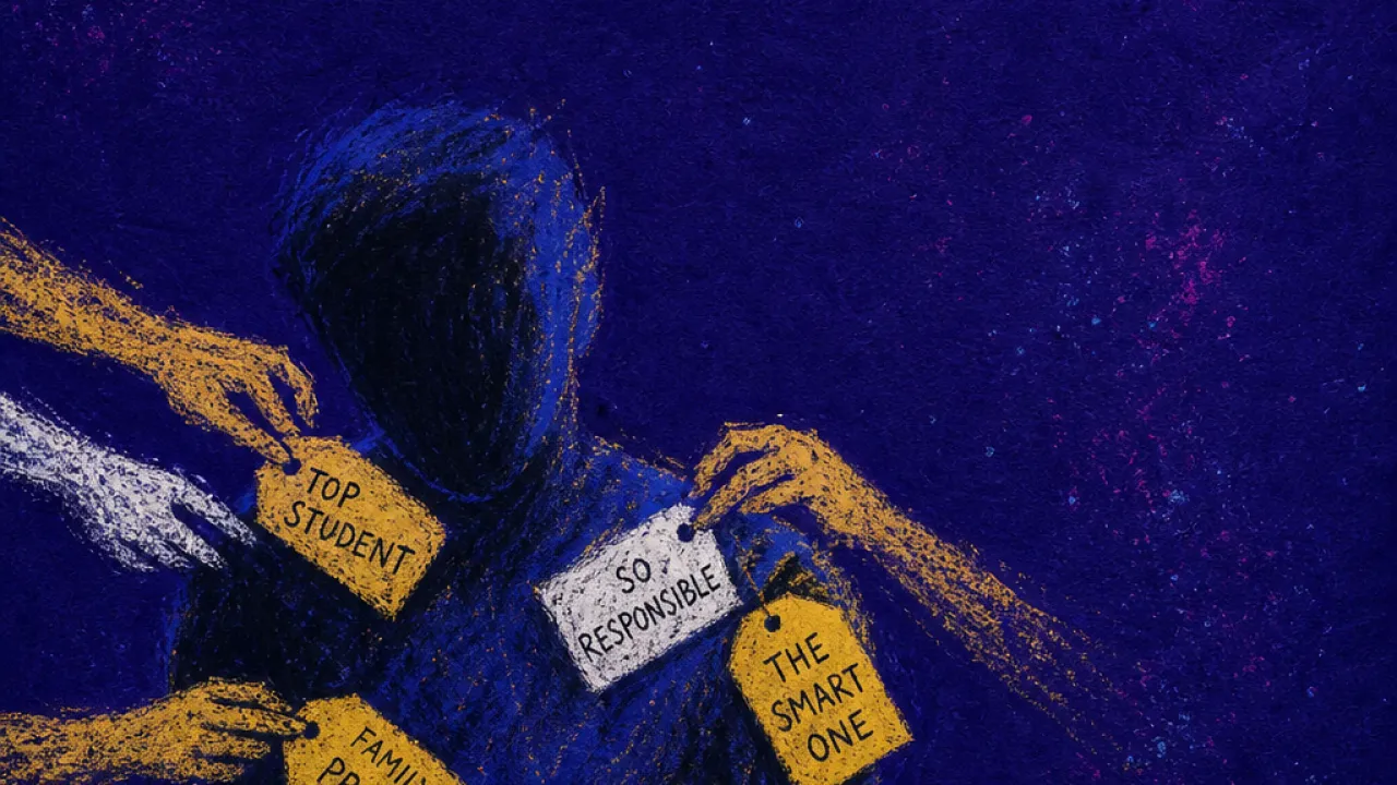 Pinned to the scoreboard A solitary figure at a family table, comparison tags pinned to their shoulders as gold lines pull toward nearby silhouettes