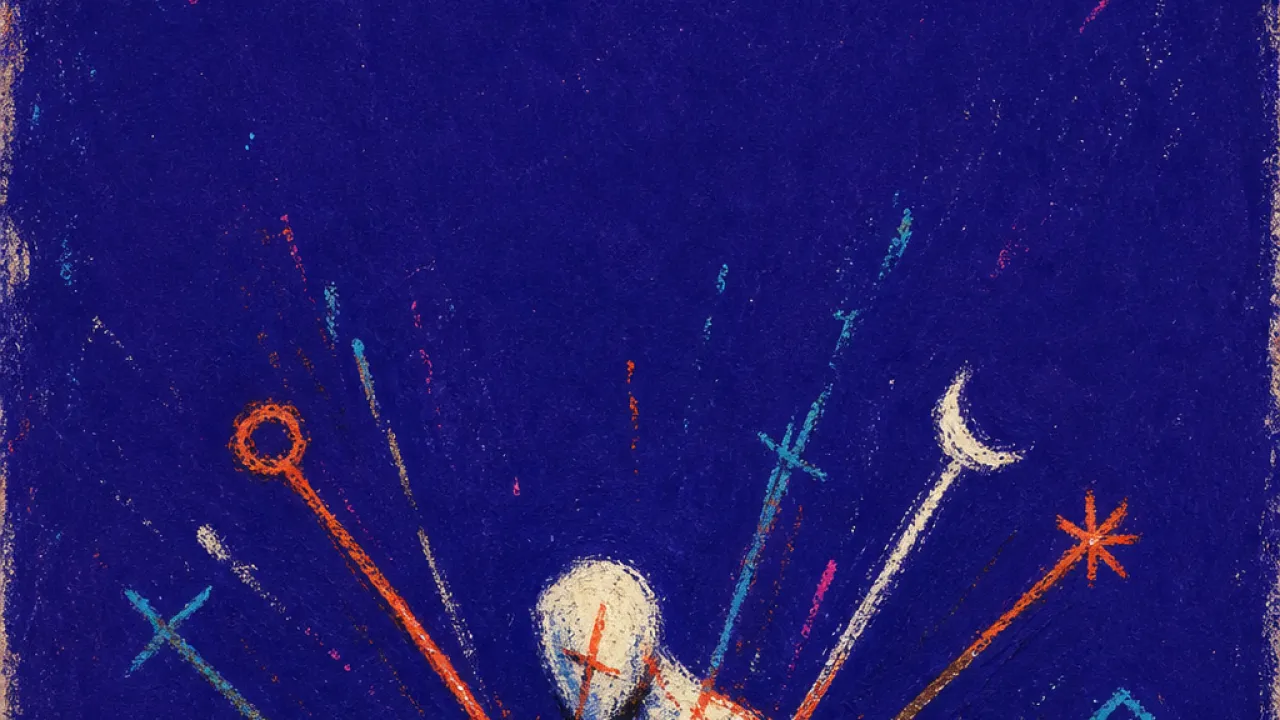 Pace pressing from every side A solitary figure bracing forward as raised wands and glowing markers cross the space, leaving pressure at the shoulders