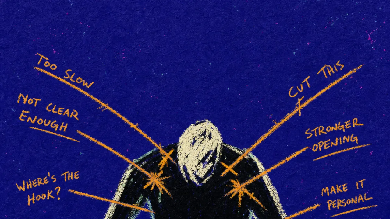 Comments pressing inward A hunched figure over an open draft as margin notes and message lines strike the shoulders, leaving sharp marks in indigo air