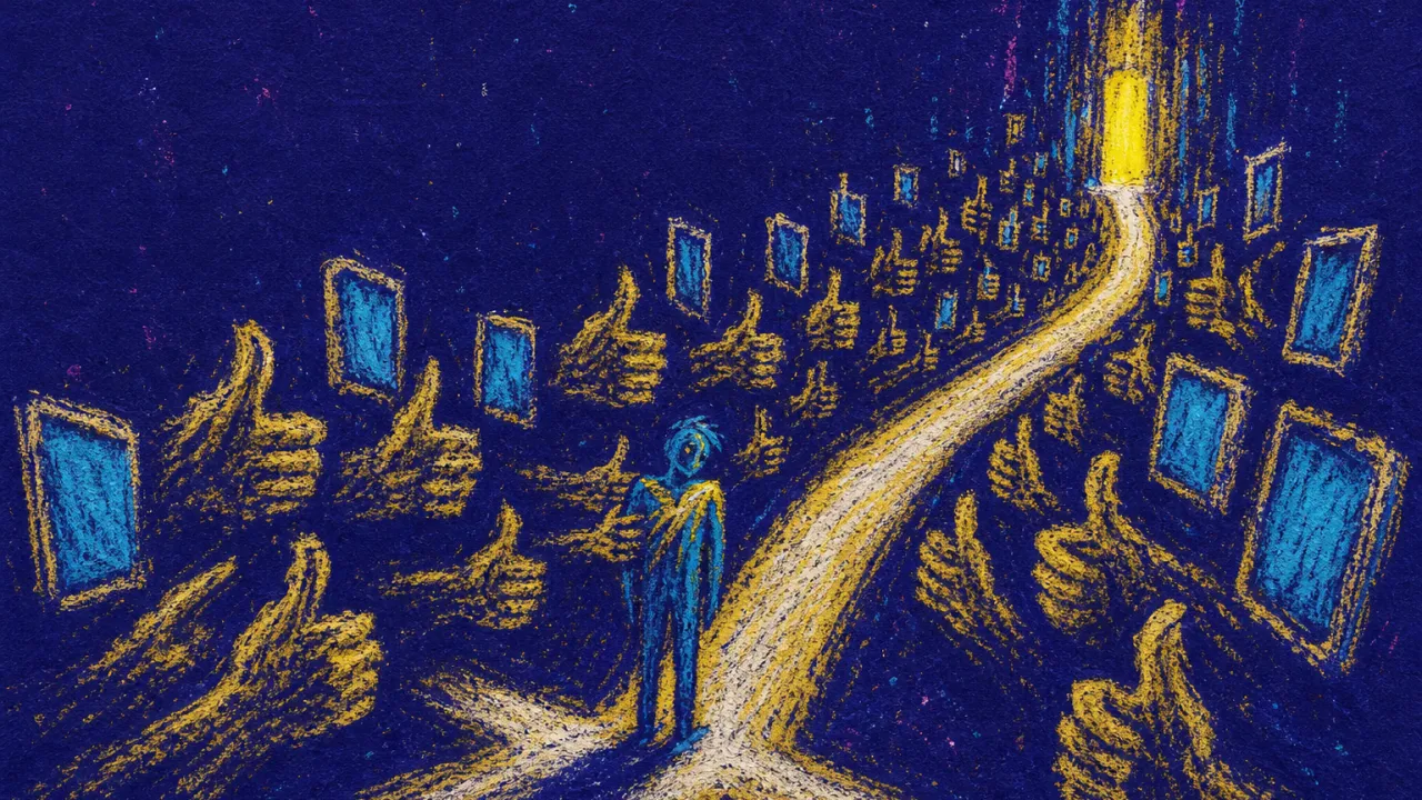 Applause narrowing the path A solitary figure at a forked path, raised hands and glowing screens narrowing one route into a public corridor