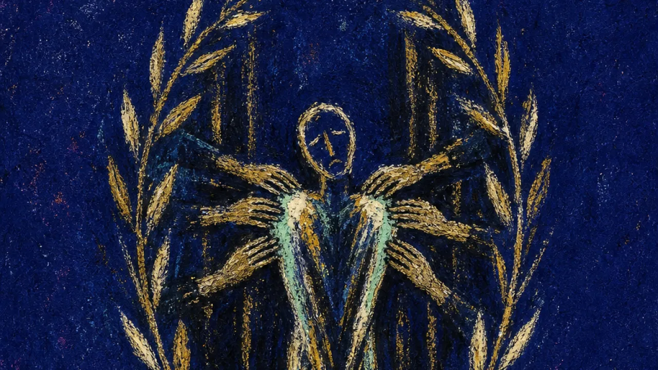 Applause pressing inward A solitary figure inside a laurel-shaped frame, raised hands pressing bright applause marks into their shoulders