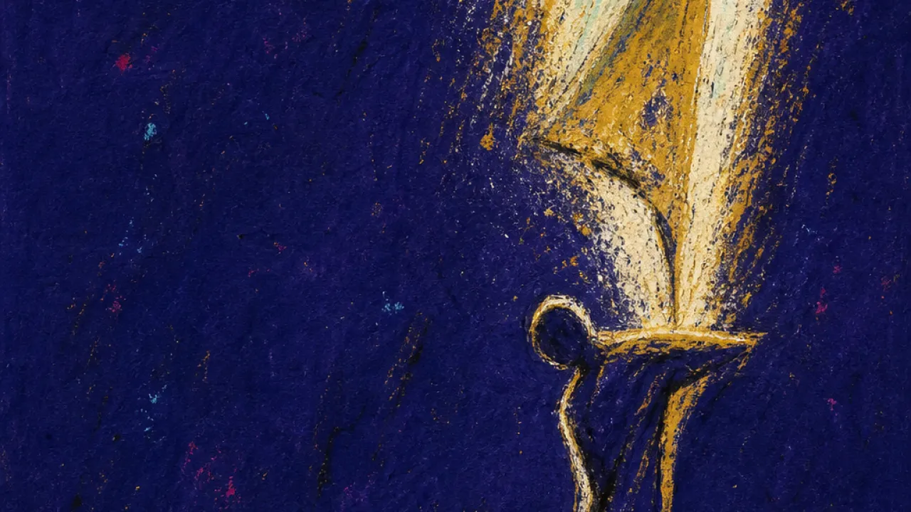 A solitary figure beside an elevated partner, public hands lifting one person as gold light casts the other lower in indigo