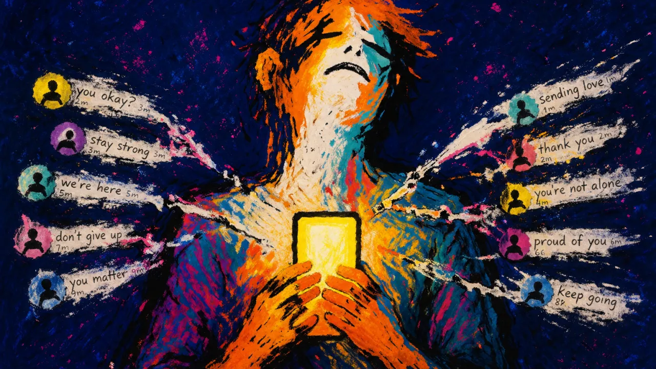 Pulled by the public image A solitary figure holds a glowing phone as posts and comment threads pull a shared silhouette into deep indigo space
