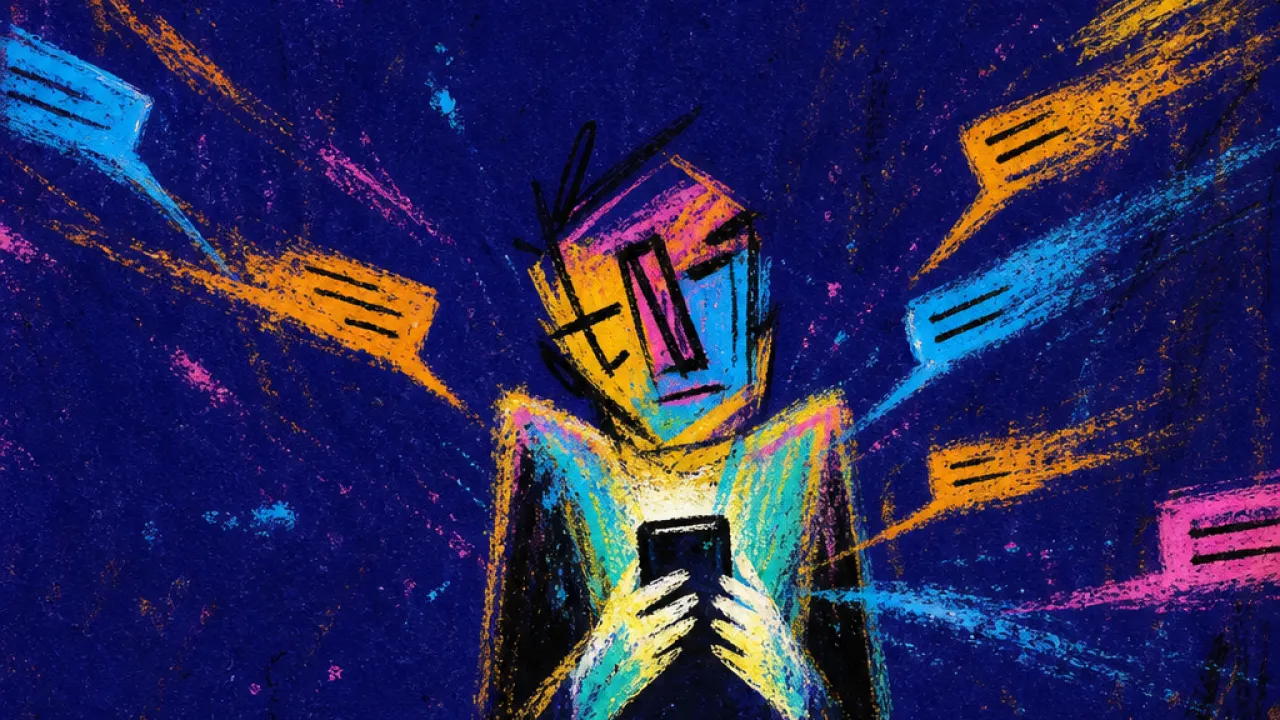 Signals closing in fast A solitary figure with raised shoulders holds a glowing phone as parallel message streaks cross open air and gather nearby