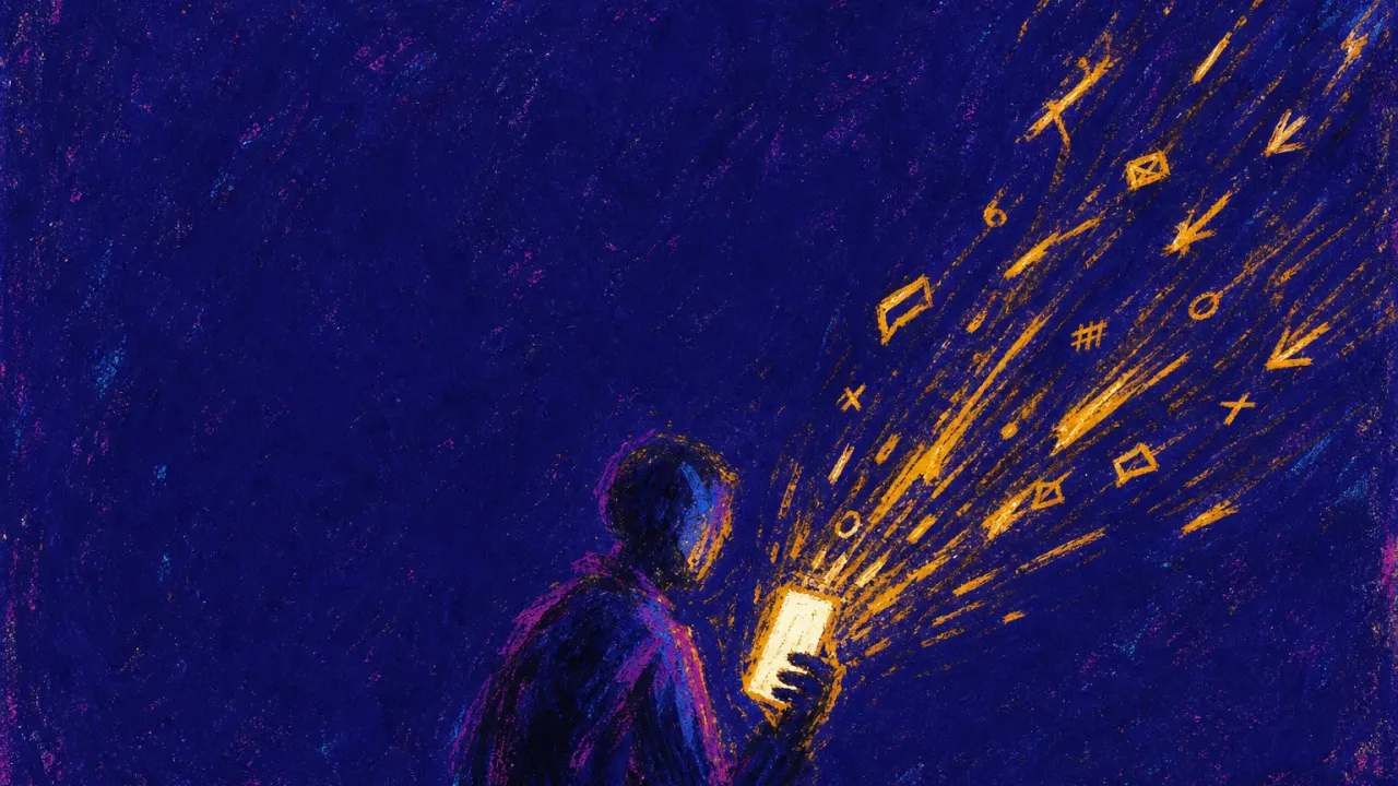 A solitary figure gripping a lit phone as bright message-like streaks rush past, leaving amber trails in deep indigo space