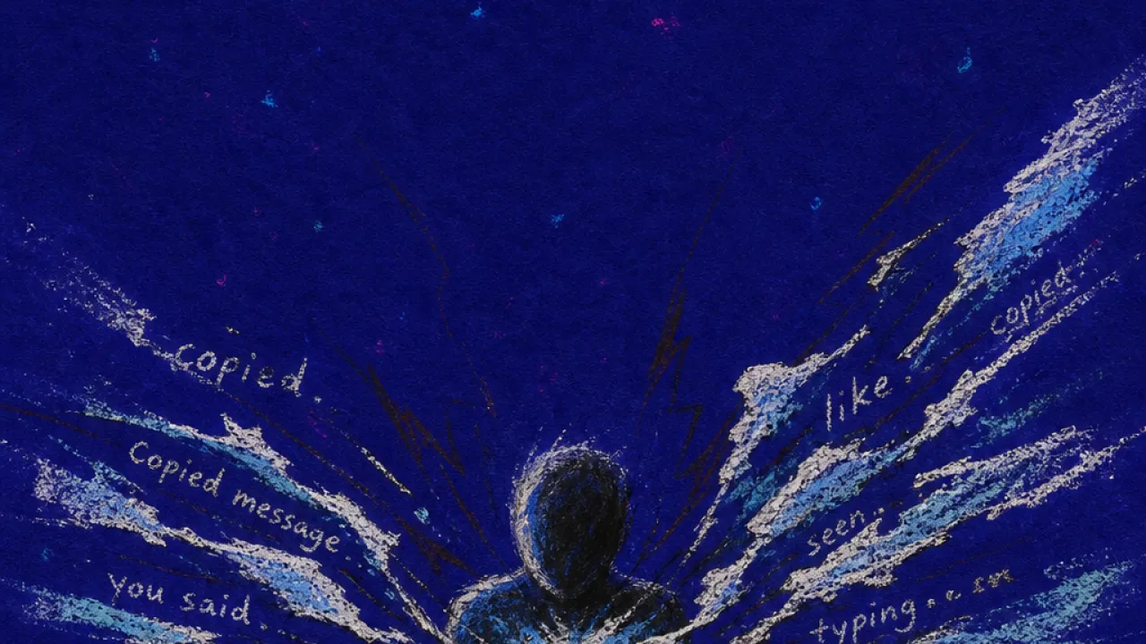Dragged into open air A solitary figure curls inward as glowing messages and copied screens streak past, leaving bright tears in dark space