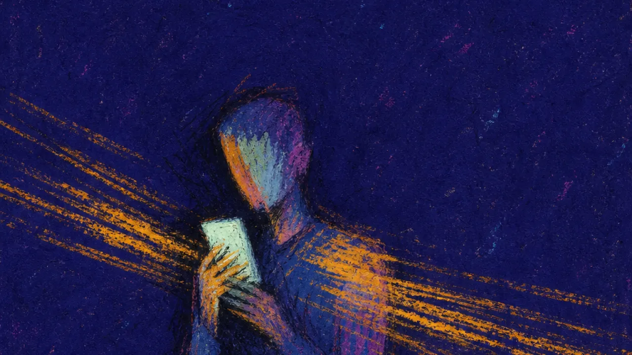 A solitary figure holding a glowing phone as parallel message streaks rush past tense shoulders in deep indigo space