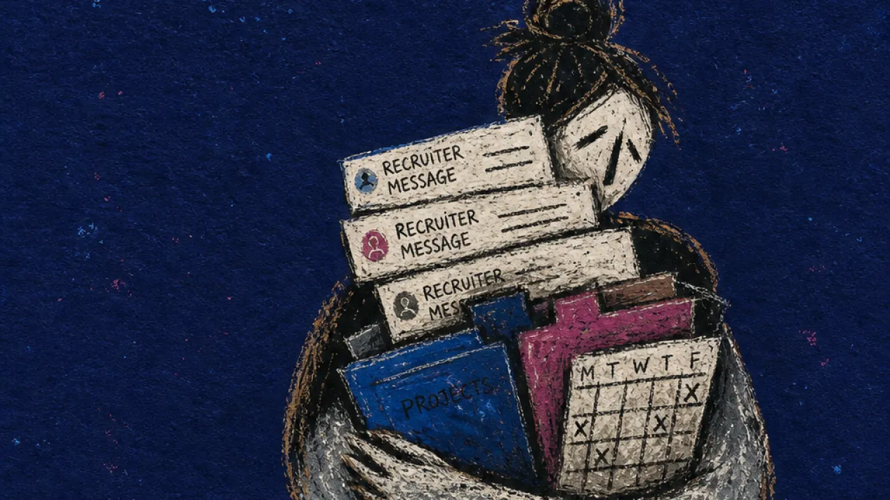 Openings pressing into one bundle A solitary figure with arms full of messages and folders, forearms compressed by a single heavy bundle in deep indigo space