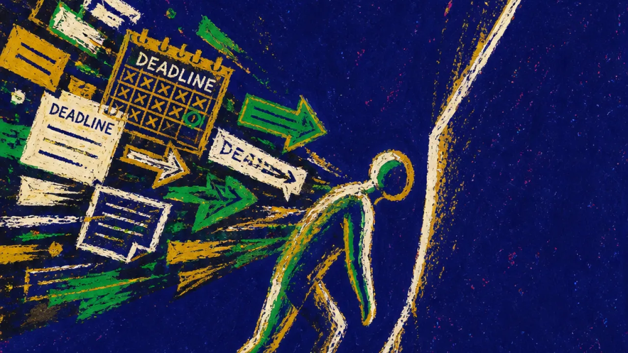 A solitary figure leaning into a narrow diagonal opening, papers and calendar blocks pressing against the upper back