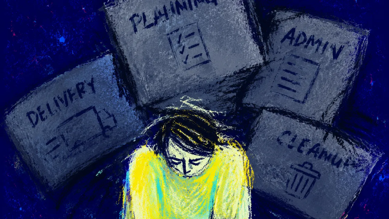 A solitary figure with lowered shoulders beneath overlapping grey panels that press inward across a deep indigo workspace.
