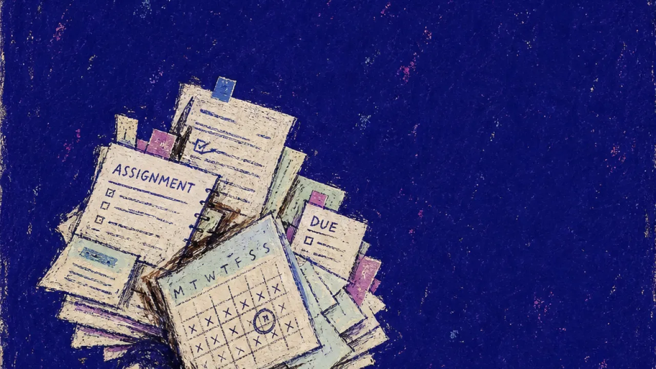 A solitary figure bent over a laptop as tabs and paper stacks press into their shoulders in deep indigo space