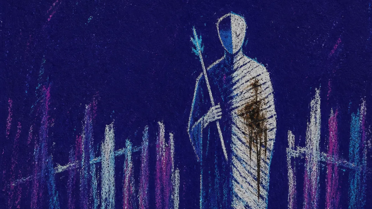 Guardrails before closeness A solitary figure holding a wand close, a pale bandage visible as a fence leaves one narrow gap behind them