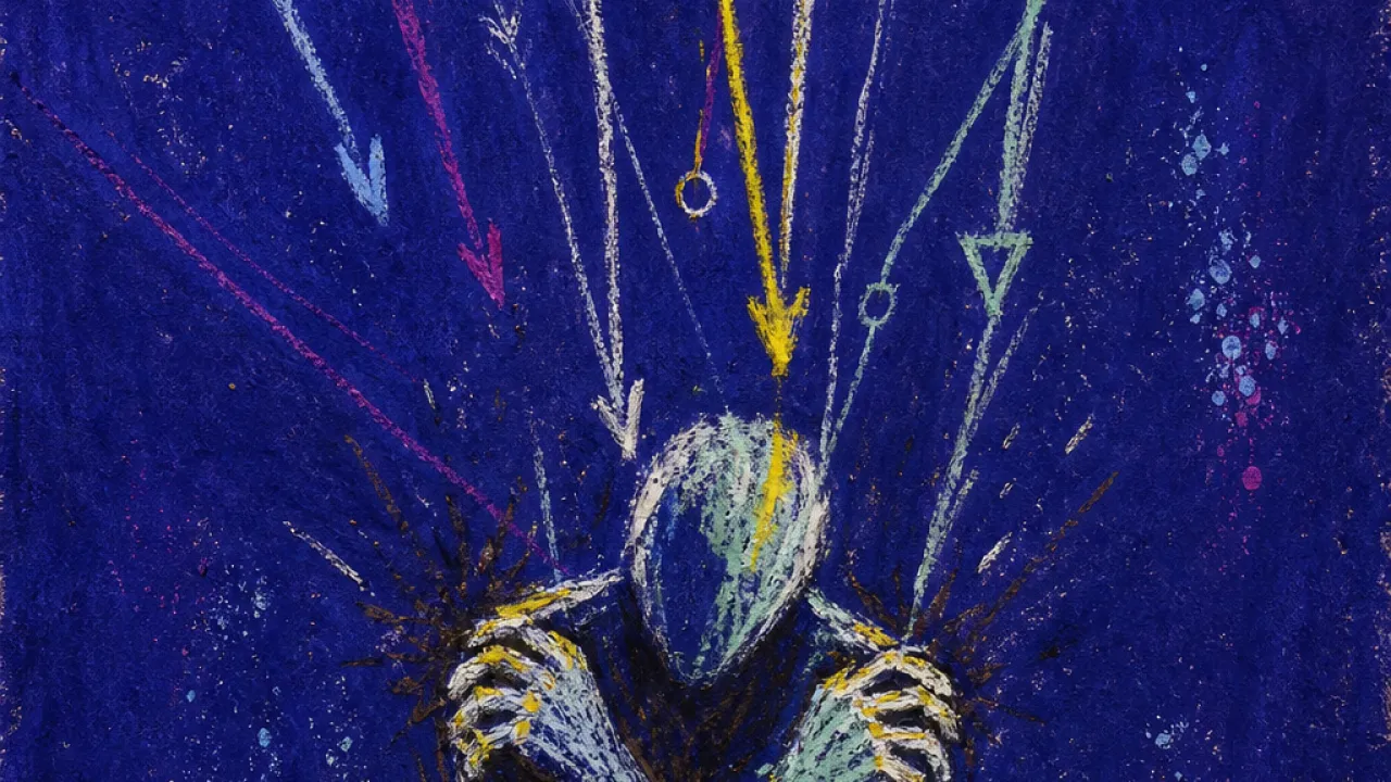 Proof keeps pressing back A solitary figure braced behind a wand as upward rods and message threads press toward the shoulders in deep indigo space
