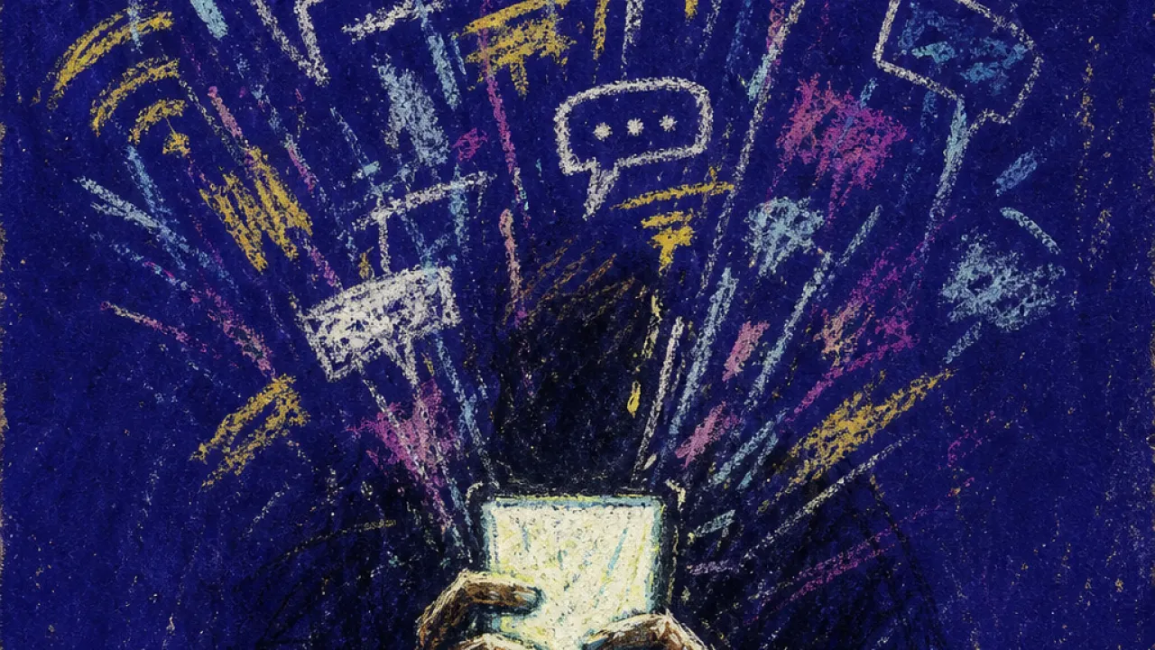 A solitary figure gripping a phone as message streams press into the hands and bright lines crowd the space in front