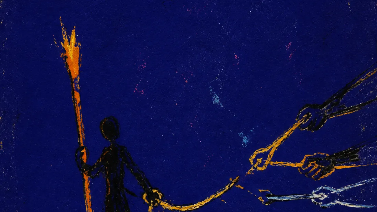 A solitary figure holding a wand and reins as messages and hands pull at the edges of an open path