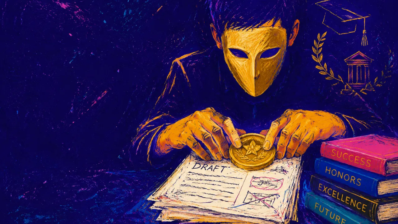 Polish pressing over learning A seated figure at a desk, bright symbols pressing a polished mask over scattered unfinished pages beneath their hands