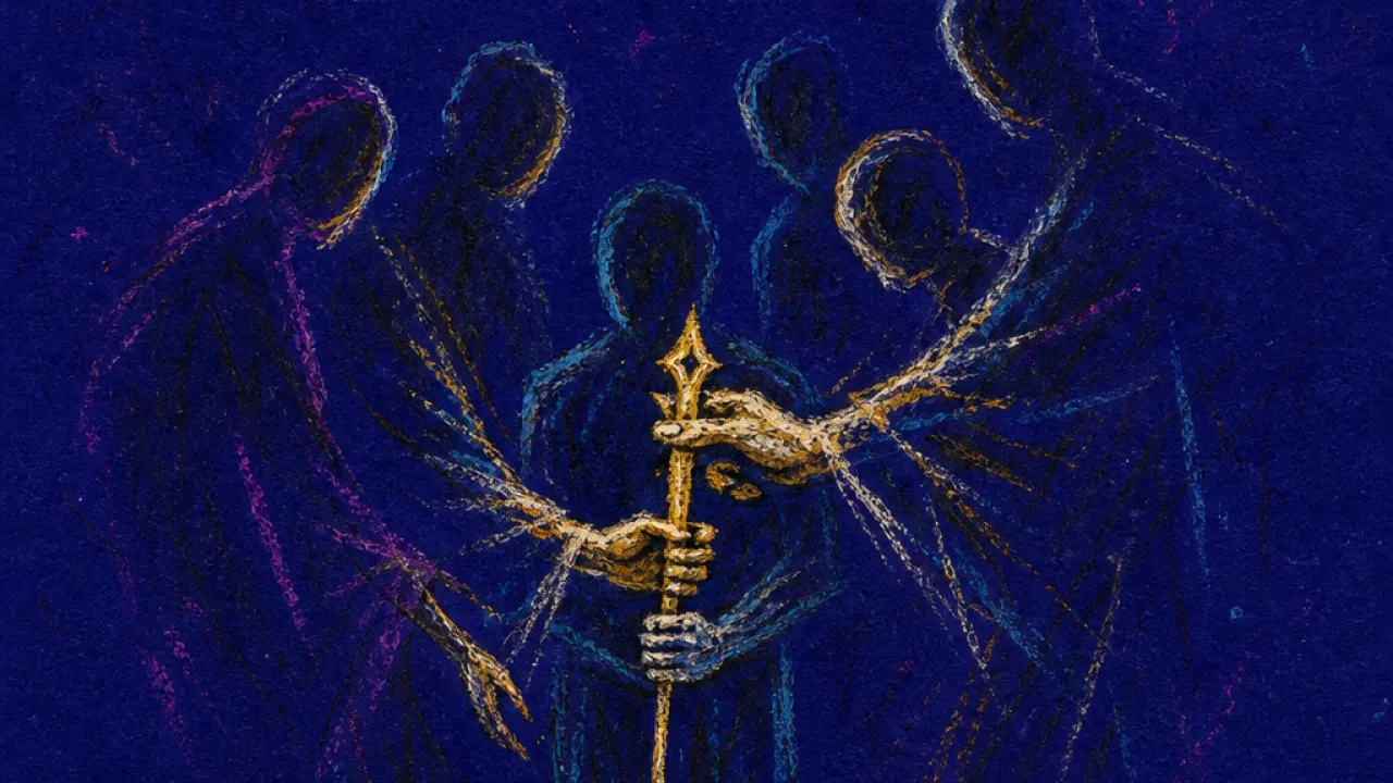 A solitary figure holding a grounded wand as family silhouettes press inward, shoulders tight inside a deep indigo circle