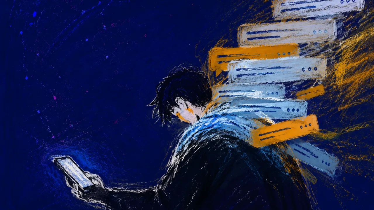A figure with lowered shoulders as stacked message waves settle across the back, narrowing the warm space around the body.