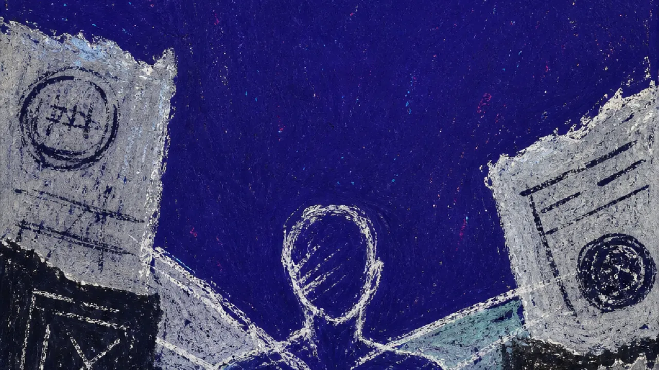 A solitary figure with shoulders pulled inward as surrounding hands press papers, calendars, and lines against the chest