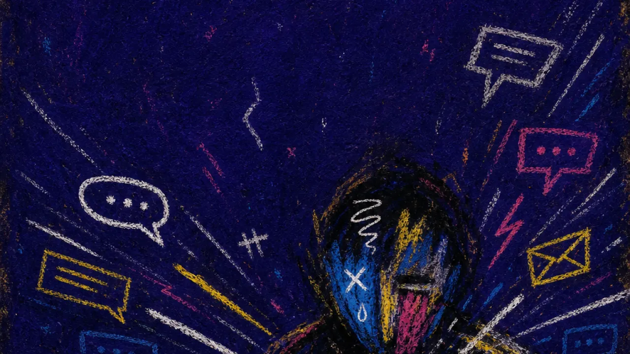 A solitary figure holding a lit phone as message streaks strike the shoulders and hands in deep indigo space