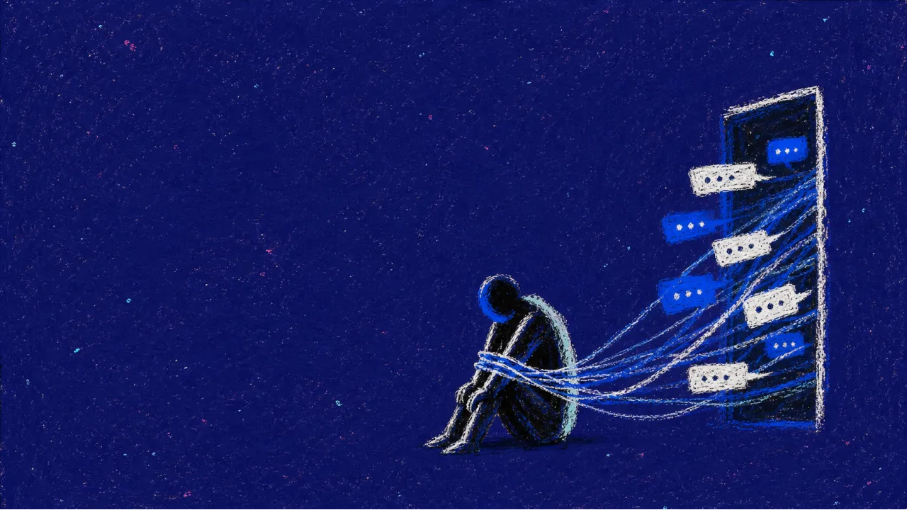A solitary figure with tucked shoulders as glowing message threads cross a doorway, wrap the wrists, and pull toward a screen