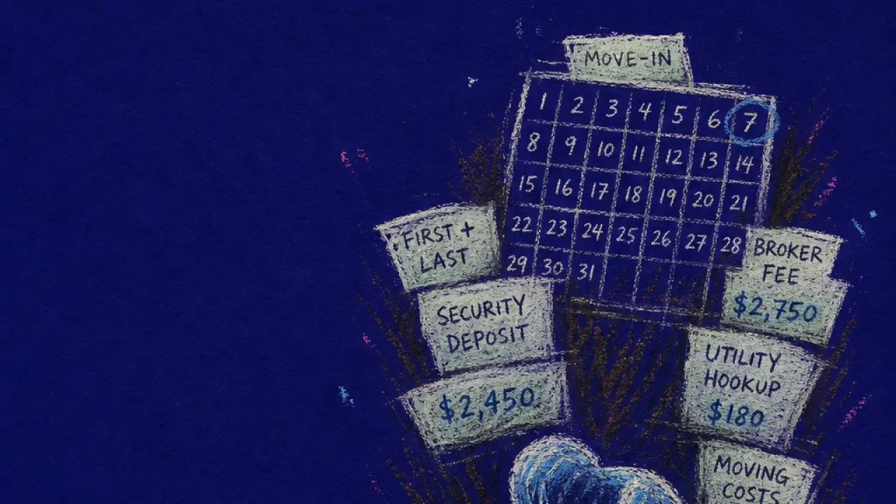 A solitary figure hunched over a lease document as calendar squares and listing tabs press toward one signature line