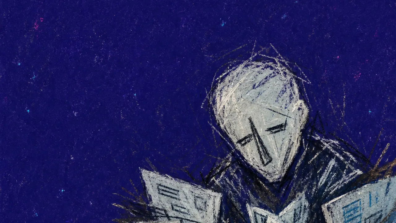 A solitary figure hunched over an open wallet as bills and receipts press inward from all sides in deep indigo space