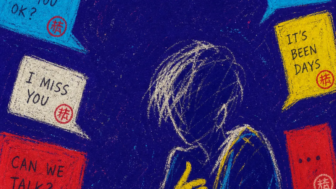 A solitary figure surrounded by glowing message badges, shoulders drawn inward as red light presses into deep indigo space