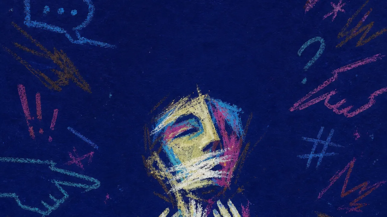 A solitary figure with raised hands as pointing fingers and speech marks press words back toward their throat