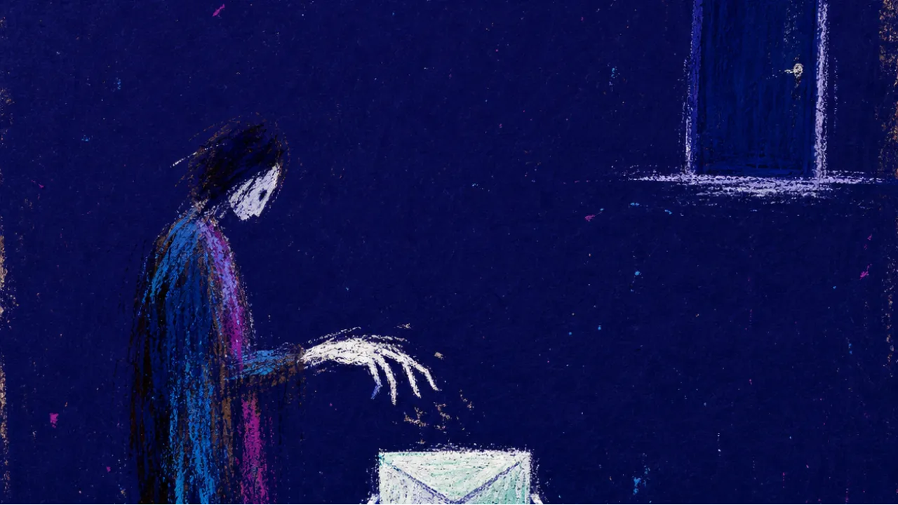 A solitary figure reaches toward a glowing inbox as a closed office door pulls a pale reply farther away