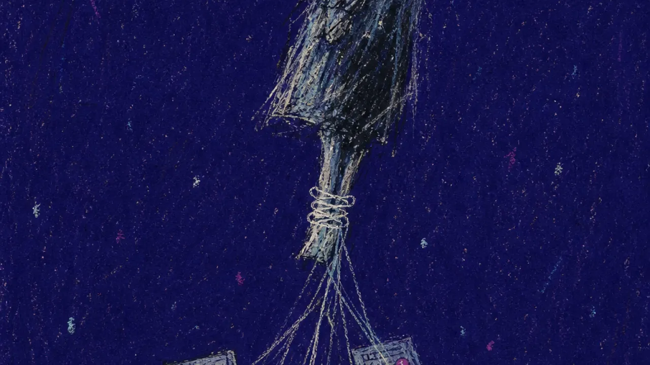 A solitary figure suspended by one ankle above scattered applications, inbox light and calendar grids holding the body still