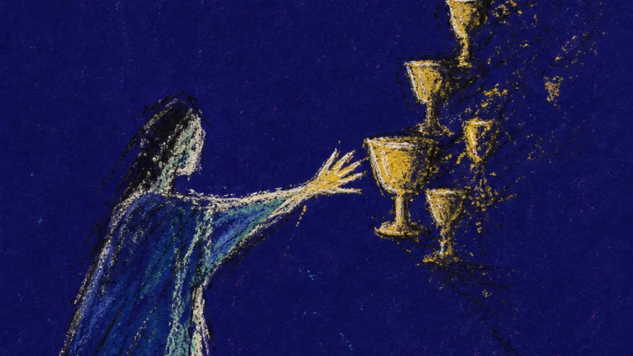 A solitary figure reaching toward fading golden cups as a shadow retreats, leaving a cold tear of indigo space between them