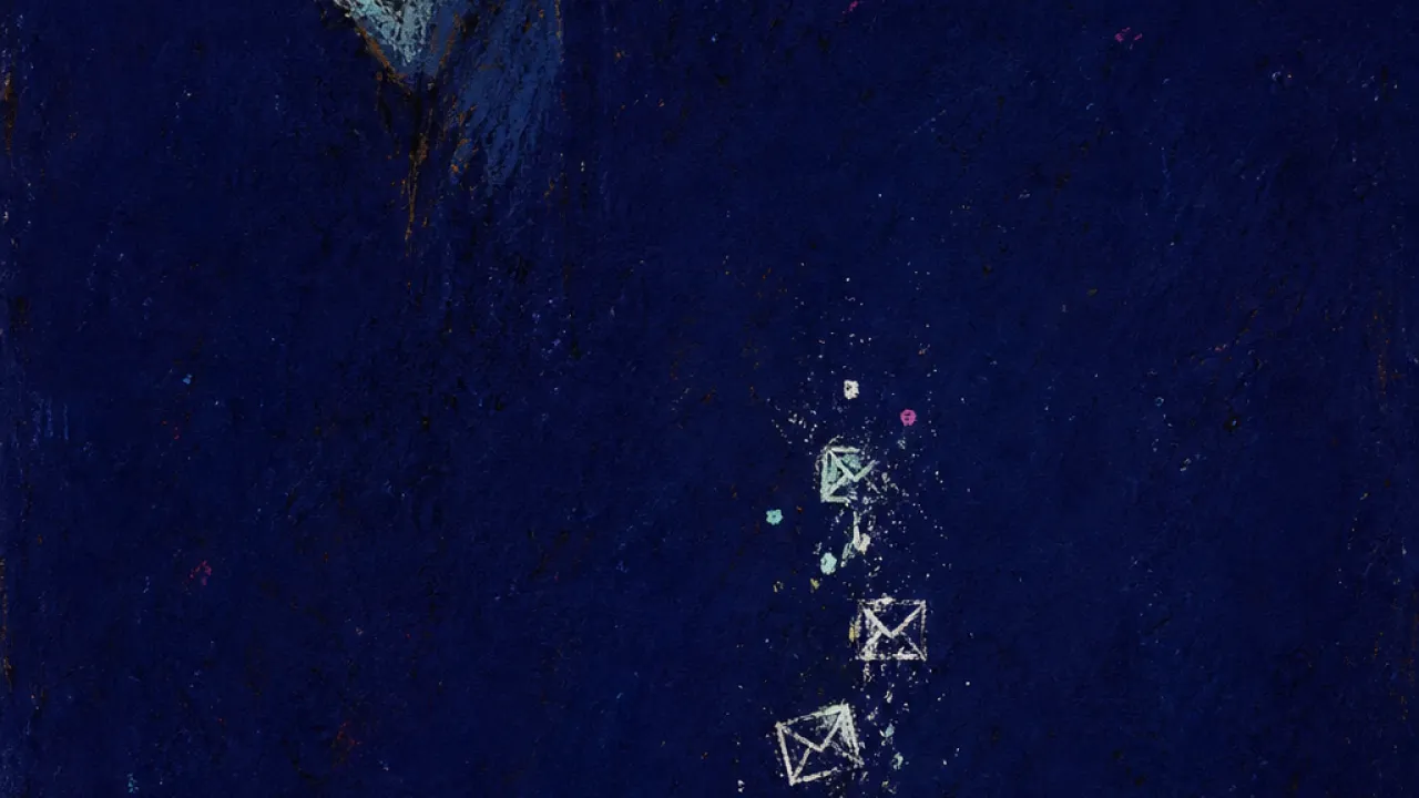 A solitary figure leaning toward a glowing phone as tiny signals dissolve before reaching their open hands