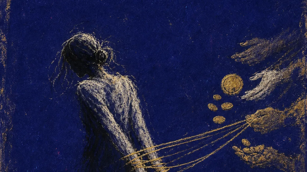 Help that pulls back A solitary figure with drawn-in shoulders, accepting coins as thin strings pull at the wrists and door behind them