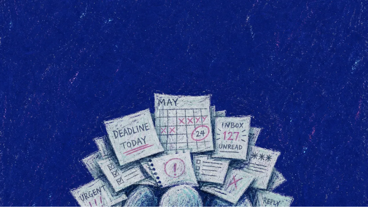 A hunched figure at a desk with calendar pages and inbox alerts pressing into the shoulders in deep indigo space
