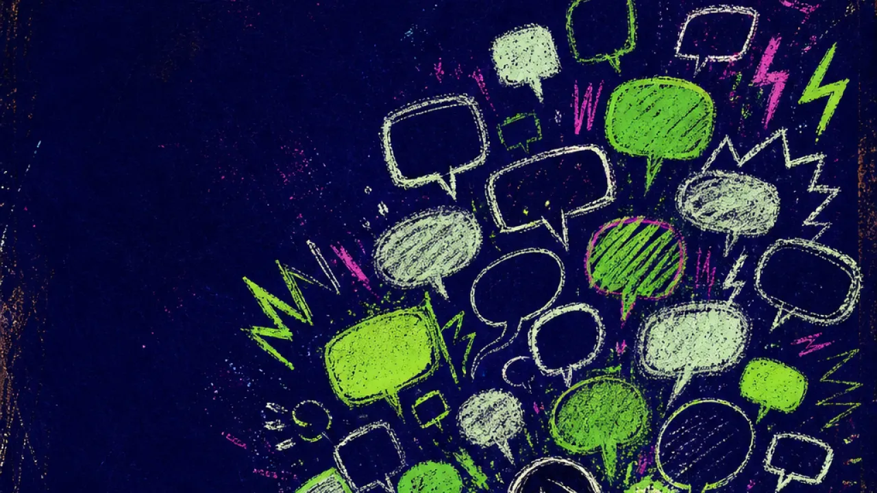 A solitary figure hunched over a laptop as message bubbles press onto their shoulders in electric green and deep indigo