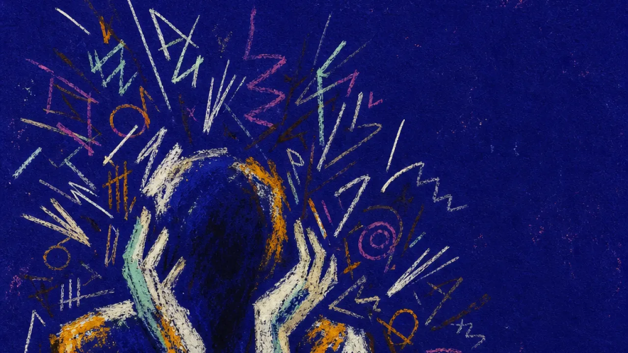 A solitary figure with tight shoulders surrounded by raised hands and overlapping speech lines pressing inward from all sides