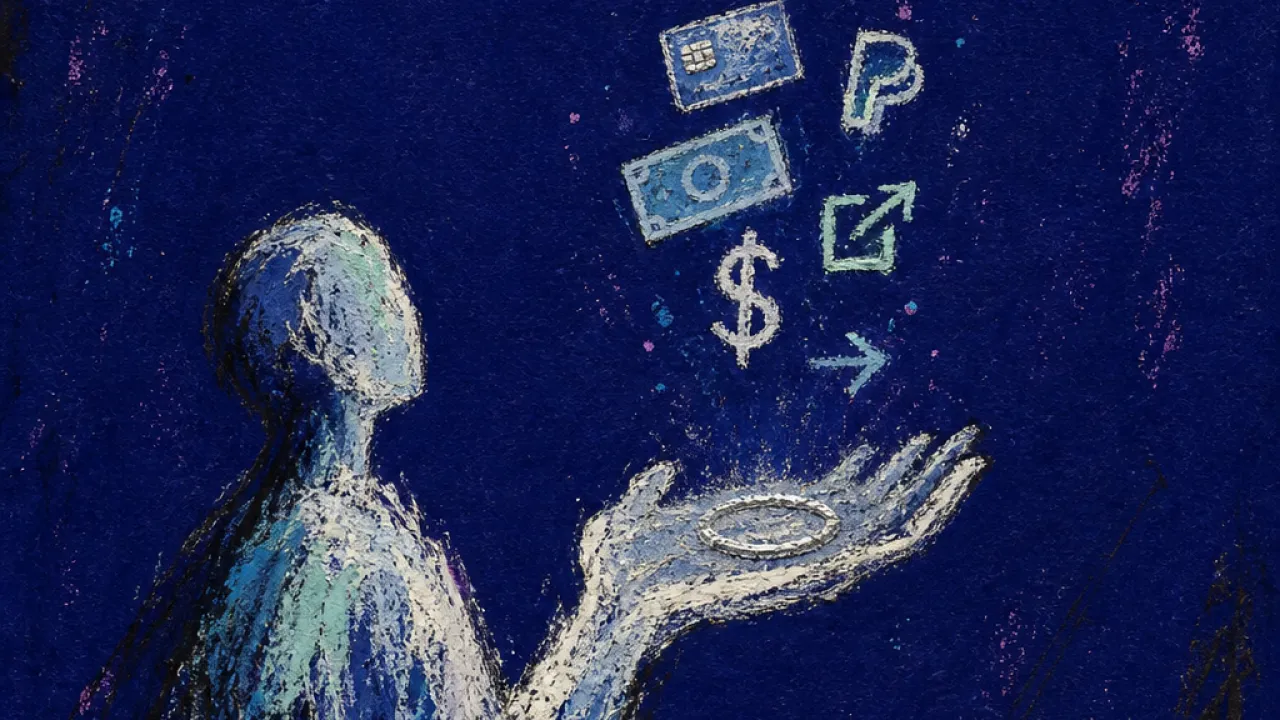 A solitary figure reaches toward hovering payment requests while another hand holds coins just beyond their palm