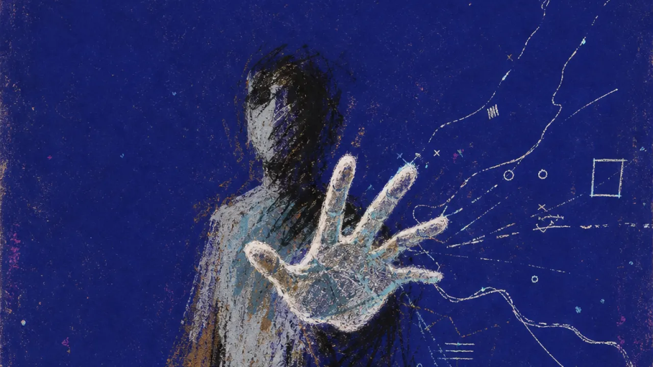 A solitary figure reaches toward fading message threads and unfinished plans, with pale gaps widening around the hand