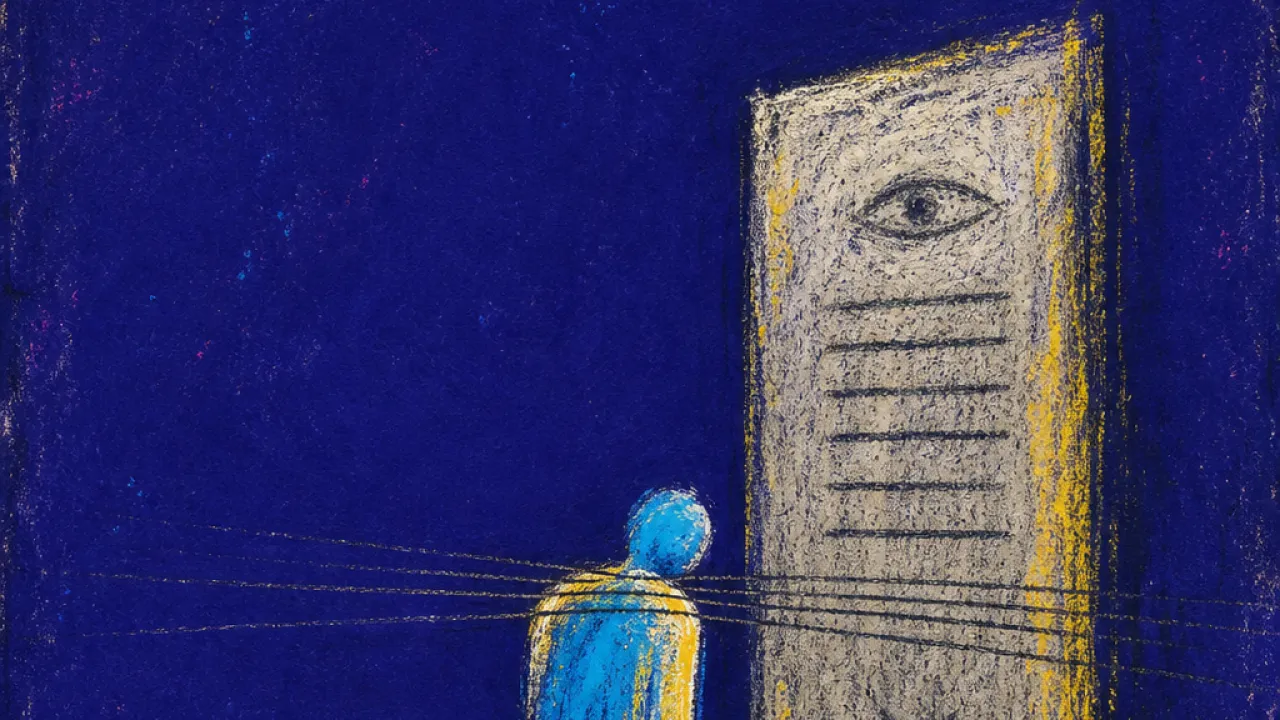 A solitary figure under invisible measuring lines before a sealed panel, with marks pressing into the shoulders
