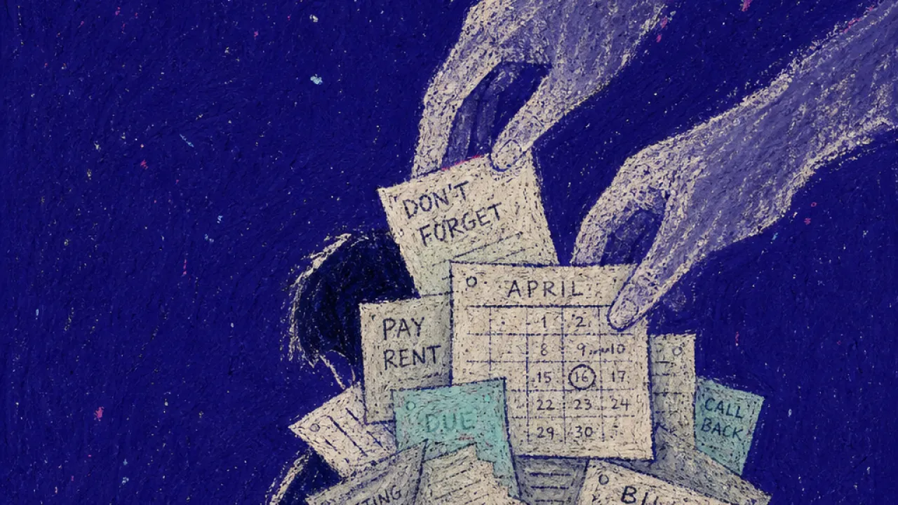 A solitary figure with lowered shoulders as translucent hands stack calendar pages, bills, and notes onto their back
