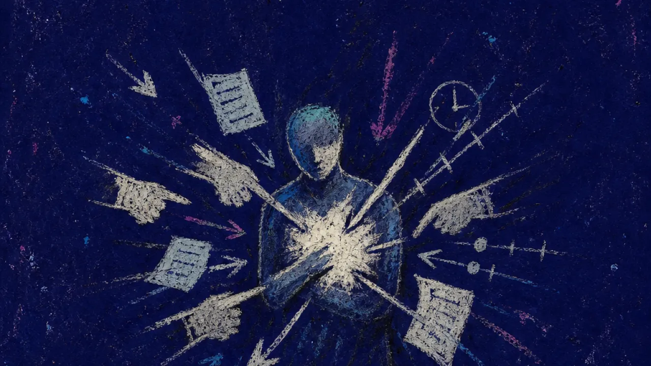 A solitary figure with a compressed chest, hands reaching in with papers and arrows that leave pale pressure marks.