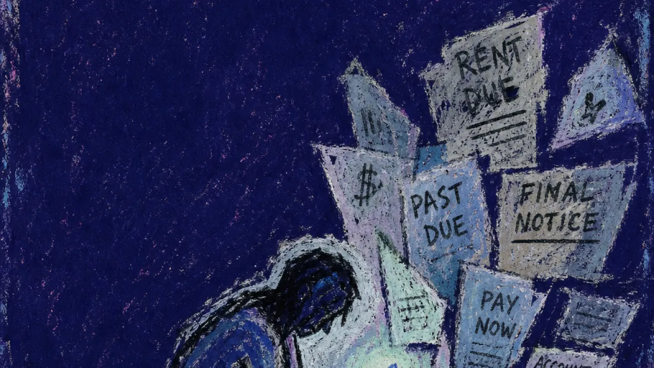 A solitary figure hunched over a small glowing reserve as bills press inward, leaving cold marks around cupped hands